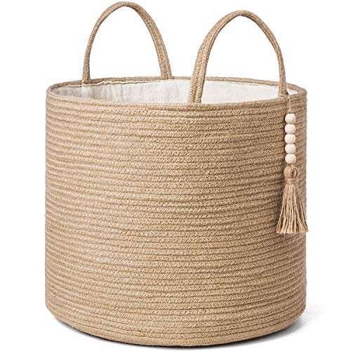 Mkono Natural Rope Storage Basket with Wooden Beads – Stylish Mkono Woven Storage Basket Decorative Natural Rope Basket Wooden Bead Decoration for Blankets,Toys,Clothes,Shoes,Plant Organizer Bin with Handles Living Room Home Decor, Jute, 16" W × 13.8"L
