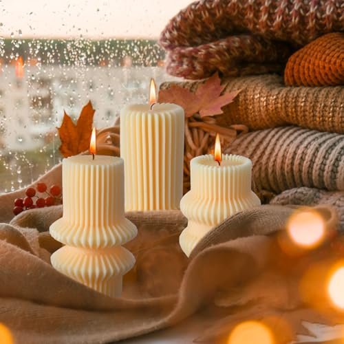 51wOfMwjAL._SL500_.jpg MTLEE 3-Pack Small Ivory White Ribbed Pillar Candles (4.7, 4.2, 3.2 in) - Scented Soy Wax Decor for Weddings, Dinners, and Christmas. - Image 4