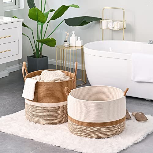 51xxjxG0u6L._SL500_.jpg KAKAMAY Large Cotton Rope Blanket Basket (20"x13") - Woven Storage for Baby, Laundry, Toys (White/Brown) - Image 5