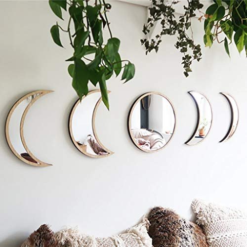 Scandinavian Natural Decor: Acrylic Moon Phase Wall Mirror for Bohemian 5 Pieces Scandinavian Natural Decor Acrylic Wall Decorative Mirror Interior Design Wooden Moon Phase Mirror Bohemian Wall Decoration for Home Living Room Bedroom Decor - Acrylic,Not Real Mirror(Beige)