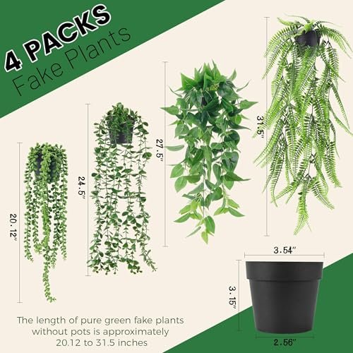 51yJLKsgxnL._SL500_.jpg Der Rose 4Pcs Faux Hanging Plants: Ivy Vine, Eucalyptus, Boston Fern & String of Pearls for Boho Indoor/Outdoor Decor. - Image 2
