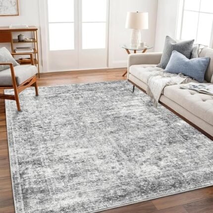 CHAMPLANT Area Rug 6x9 Washable Rug Gray Vintage Traditional Floor Cover Thin Rug Retro Kitchen Indoor Distressed Non Slip Carpet Floral Print Mat Living Room Bedroom Dining Room