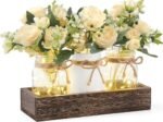 Mkono Mason Jar Lights Centerpiece Table Decor for Dining Room Farmhouse Wood Tray with 3 Jars Flowers Center Pieces Spring Summer Decor for Kitchen Living Room