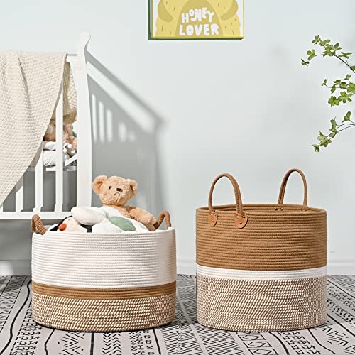 51zcRP2919L._SL500_.jpg KAKAMAY Large Cotton Rope Blanket Basket (20"x13") - Woven Storage for Baby, Laundry, Toys (White/Brown) - Image 7