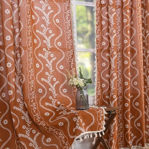 Schweek 84-Inch Terracotta Boho Farmhouse Curtains - 2 Panels, Semi-Sheer Schweek Terracotta Curtains 84 Inch Length Boho Farmhouse Curtains for Living Room 2 Panels, Linen Semi Sheer Vintage Farmhouse Printed Floral Burnt Orange Rustic Curtain Drapes