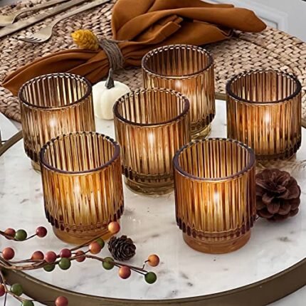 Kate Aspen Vintage Glass Tealight & Amber Votive Candle Holders (Set of 6) – Rustic Fluted Candle Holder Set, Boho Home Decor, Wedding Table Centerpieces, Farmhouse Kitchen Table Decor