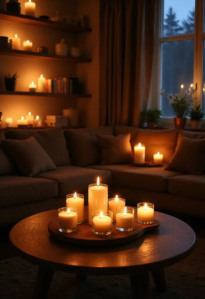 15 Cozy Living Room Inspirations That'll Make You Want to Curl Up Right Now! - 9. Layered Lighting with Candles