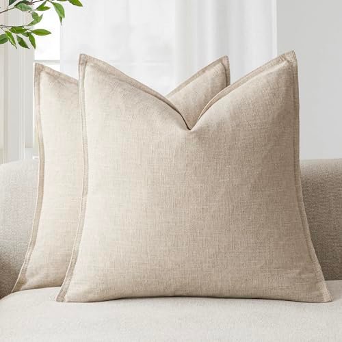 Foindtower Set of 2 Decorative Linen Throw Pillow Covers, 20x20 Foindtower Pack of 2, Decorative Linen Soild Throw Pillow Covers Soft Accent Cushion Case Boho Farmhouse Neutral Pillowcase for Couch Sofa Bedroom Living Room Home Decor 20 x 20 Inch Natural Beige