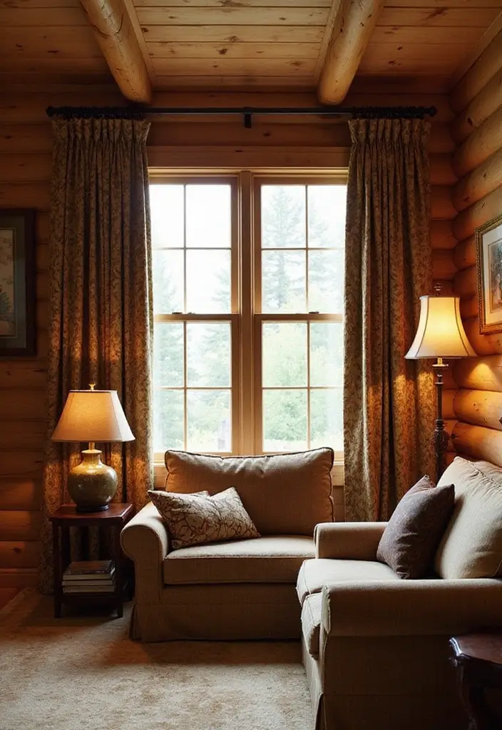 21 Cozy Cabin Living Room Ideas That Will Make You Want to Curl Up with a Blanket! - 10. Tailored Window Treatments