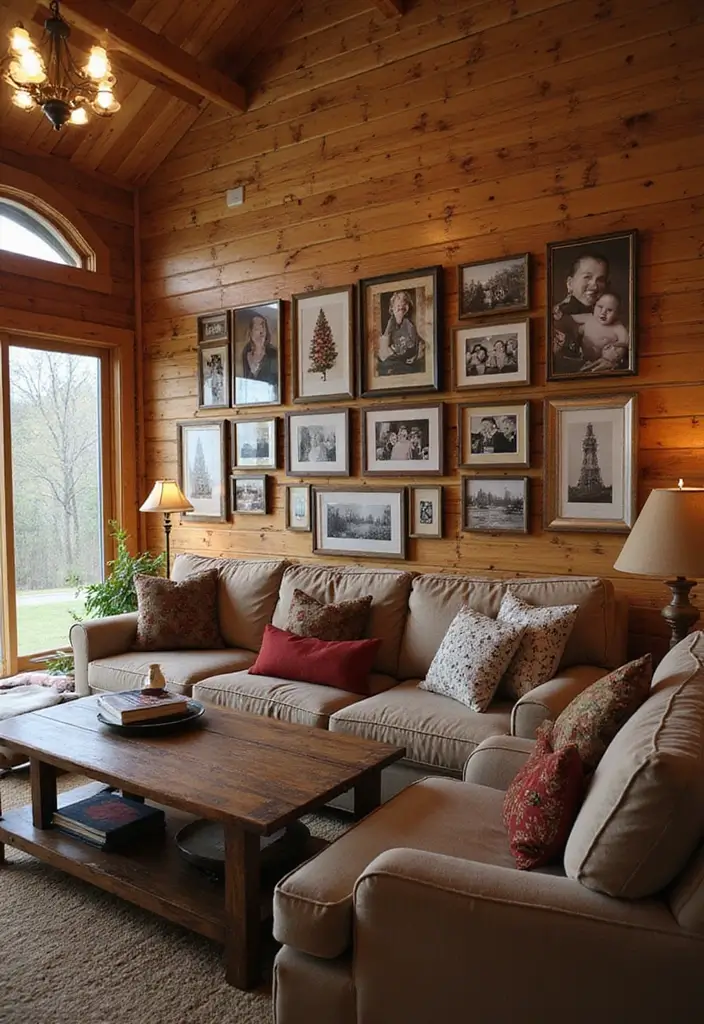 21 Cozy Cabin Living Room Ideas That Will Make You Want to Curl Up with a Blanket! - 12. Incorporate Family Photos and Personal Touches