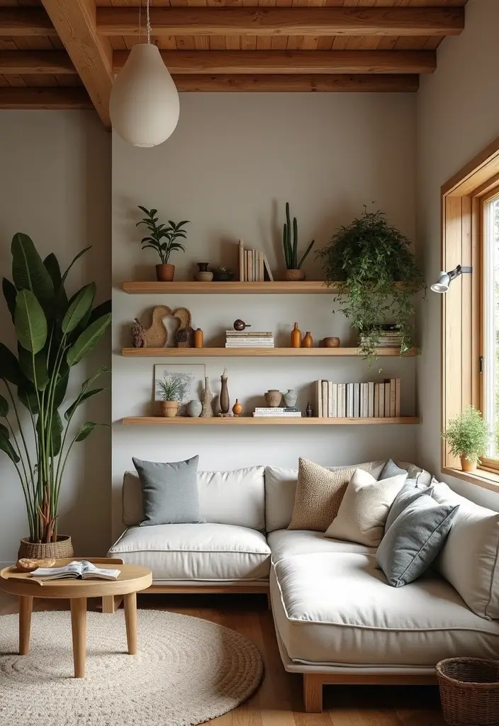 21 Cozy Cabin Living Room Ideas That Will Make You Want to Curl Up with a Blanket! - 13. Utilize Open Shelving