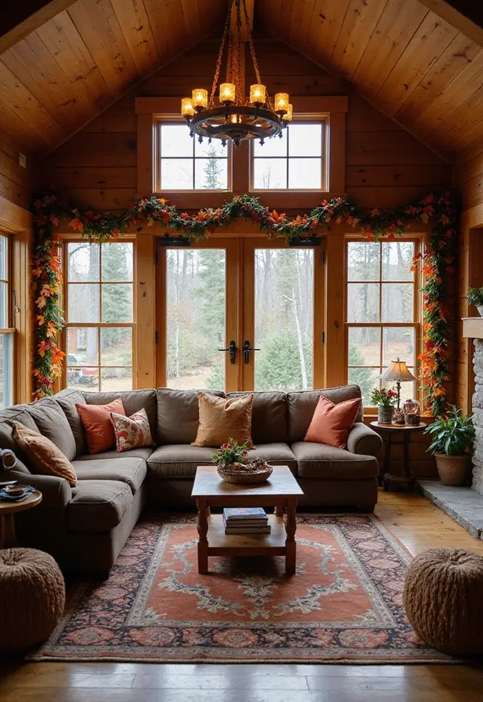 21 Cozy Cabin Living Room Ideas That Will Make You Want to Curl Up with a Blanket! - 16. Display Seasonal Decor