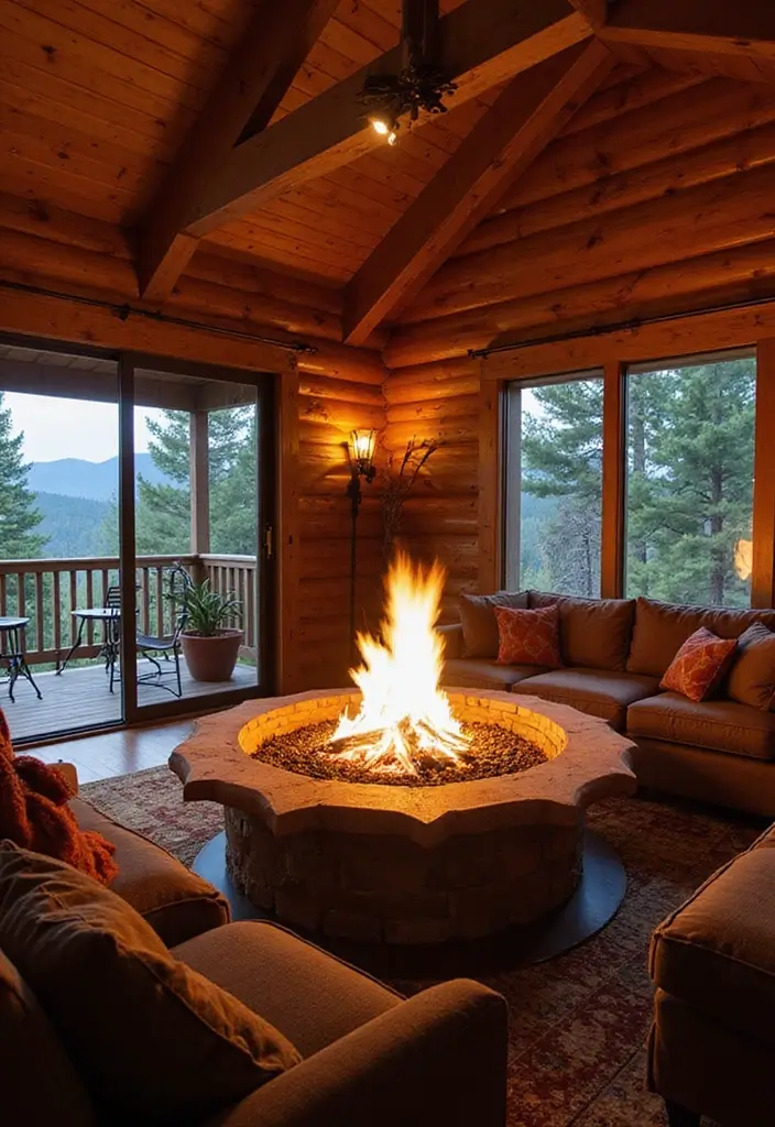 21 Cozy Cabin Living Room Ideas That Will Make You Want to Curl Up with a Blanket! - 17. Build a Fire Pit Indoors