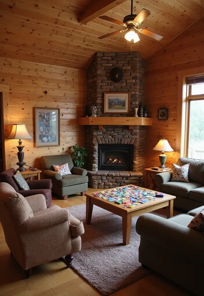 21 Cozy Cabin Living Room Ideas That Will Make You Want to Curl Up with a Blanket! - 18. Create a Game Area