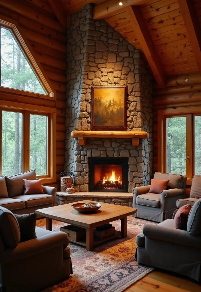 21 Cozy Cabin Living Room Ideas That Will Make You Want to Curl Up with a Blanket! - 2. Add a Charming Fireplace