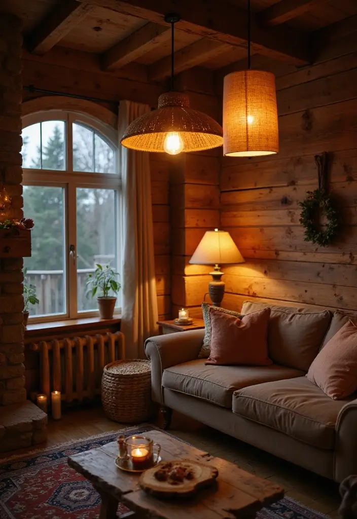 21 Cozy Cabin Living Room Ideas That Will Make You Want to Curl Up with a Blanket! - 7. Customizable Lighting Options