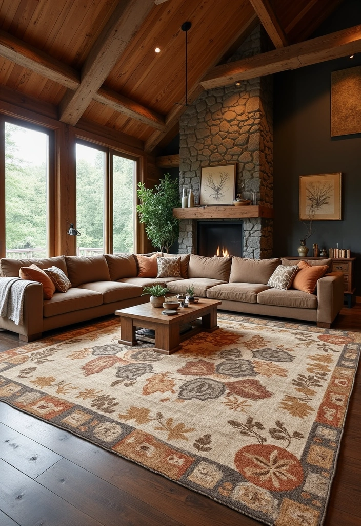 21 Cozy Cabin Living Room Ideas That Will Make You Want to Curl Up with a Blanket! - 8. Feature a Statement Rug