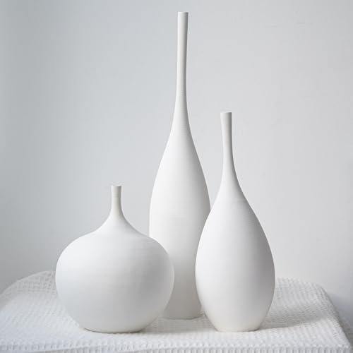 Relexome Set of 3 White Ceramic Vases - Modern Boho Relexome White Ceramic Vase Modern Boho Wabi-Sabi Flower Vase Set of 3 Decorative Aesthetic Vases for Centerpieces Pampas Matte Minimalist Vases for Living Room Table Shelf Home Decor Gift