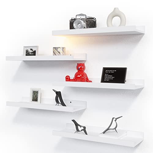 RICHER HOUSE 5-Set White Floating Shelves for Modern Wall Decor RICHER HOUSE 5 Set White Floating Shelves, Wall Mounted Shelves for Wall Decor, Modern Picture Ledge Shelf with Lip for Wall Storage Nursery, Bedroom, Living Room, Bathroom - White