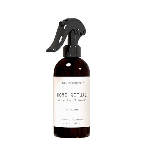 Muse Apothecary Home Ritual Odor Eliminator Spray - Fresh Linen Muse Apothecary Home Ritual Active Odor Eliminator Spray - Furniture Deodorizer Spray & Bathroom Odor Eliminator for Home - Essential Oil Air Freshener - 4oz, Fresh Linen