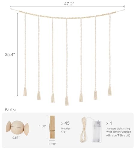 31beyWWSQsL._SL500_.jpg Mkono Macrame Photo Display with String Lights & Wooden Bead Garland, 45 Clips for Home Decor. Perfect Gift for Teen Girls! - Image 7