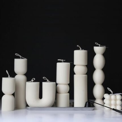 7Pc Large Pillar Candle Set Aesthetic Candles Modern Home Decor Ribbed Candle Set Elegant Handmade Housewarming Gift Living Room Shelf Decor Minimalist Soy Bubble Candle (7pc Pillar Set- Natural)