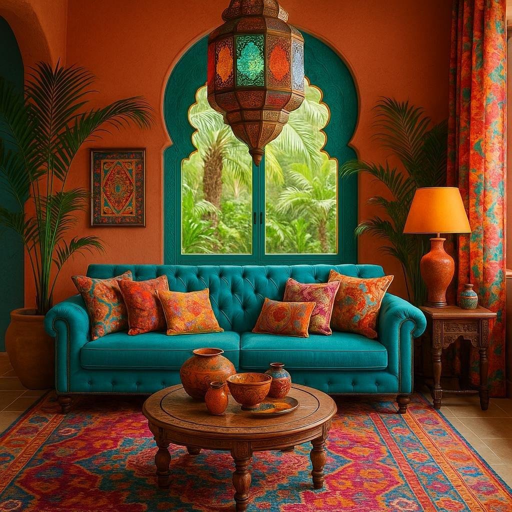 What are some popular color schemes for a tropical moroccan eclectic living room?
