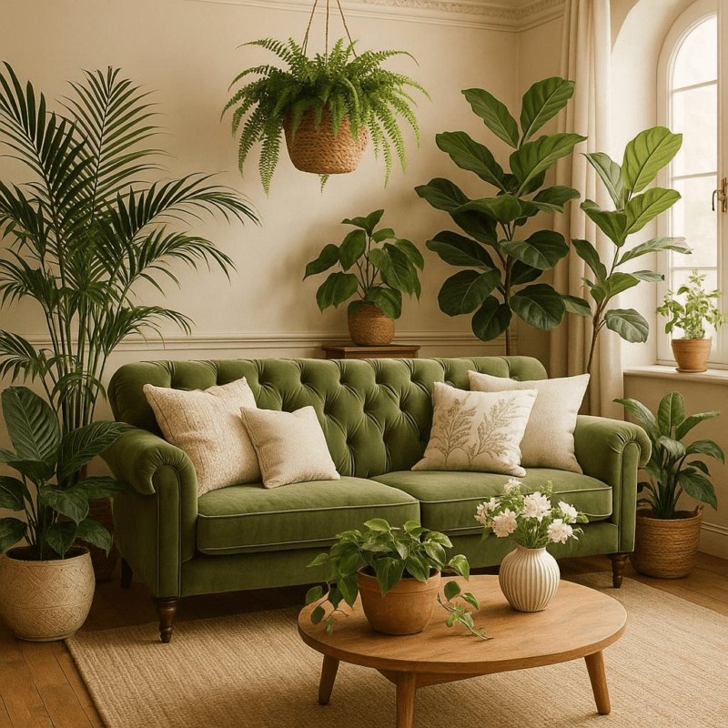 How can I add a touch of nature-inspired elegance to my living room decor with plants?