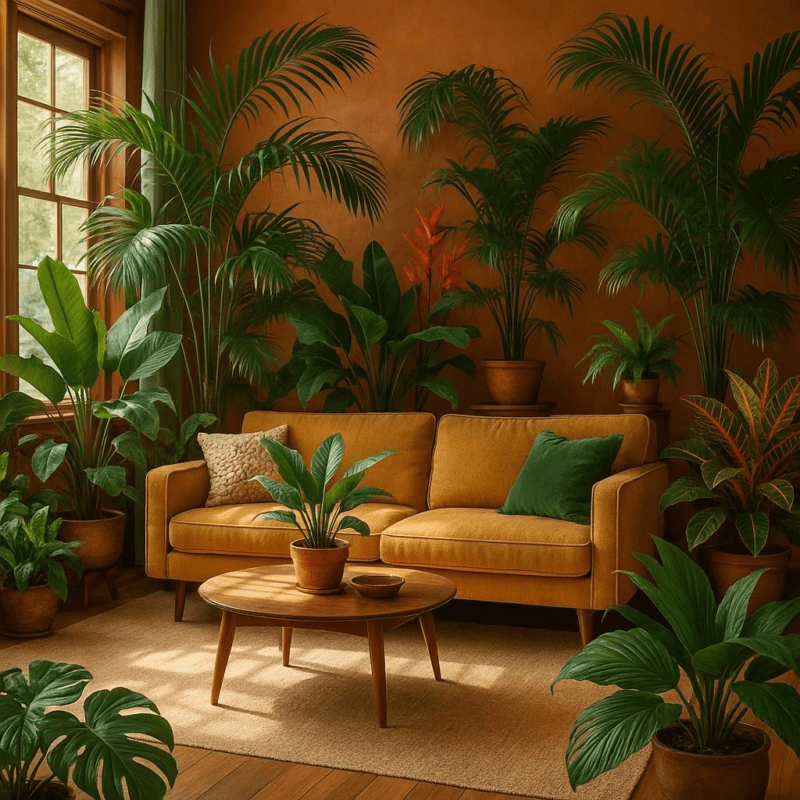 What are some good plants for creating a tropical oasis in a living room?