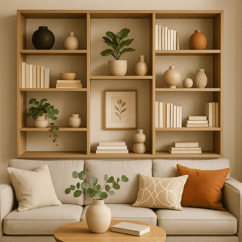 How can I use shelving as part of my living room wall decor?