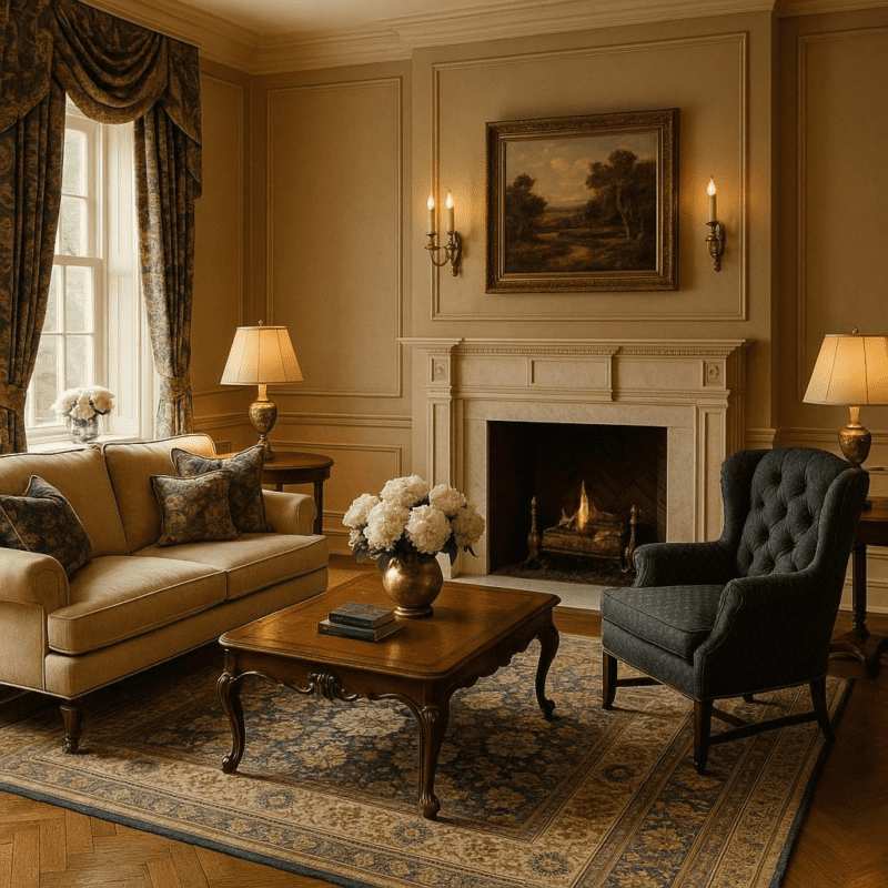 How can I create a timeless color palette for a traditional elegant living room?