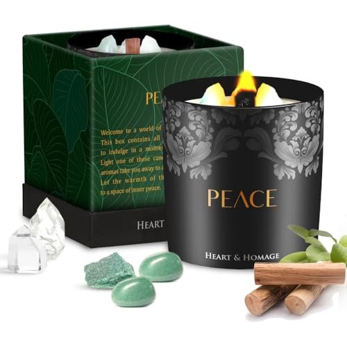 Heart & Homage Natural Scented Candle with Healing Crystals - Heart & Homage Natural Scented Meditation Candle with Healing Crystals - Luxurious Wood Wick Crystal Candle with Premium Gift Packaging, 8.11 oz (Sandalwood)