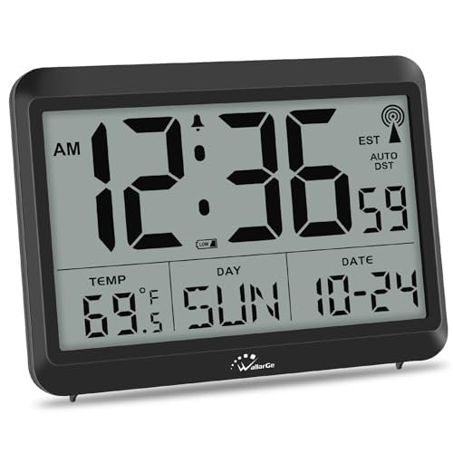 WallarGe Atomic Digital Wall Clock: Battery-Operated, Self-Setting, Large Display with WallarGe Atomic Digital Wall Clock Battery Operated, Self-Setting, Large Display with Temperature, Date, Day of The Week, Silent Wall Mount Digital Clock, 4 Time Zones, DST