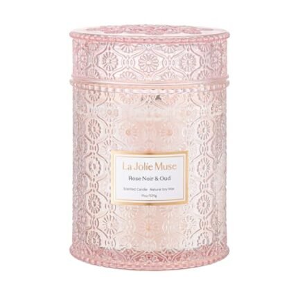 LA JOLIE MUSE Rose Noir & Oud Candle, 19 Oz, Pink Rose Scented Candle Gift, Wood Wicked Large Candles for Home Scented, Long Burning Time