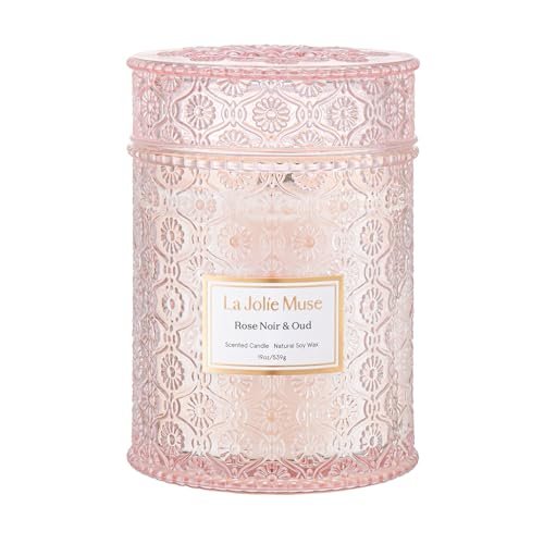 LA JOLIE MUSE Rose Noir & Oud Candle, 19 Oz LA JOLIE MUSE Rose Noir & Oud Candle, 19 Oz, Pink Rose Scented Candle Gift, Wood Wicked Large Candles for Home Scented, Long Burning Time
