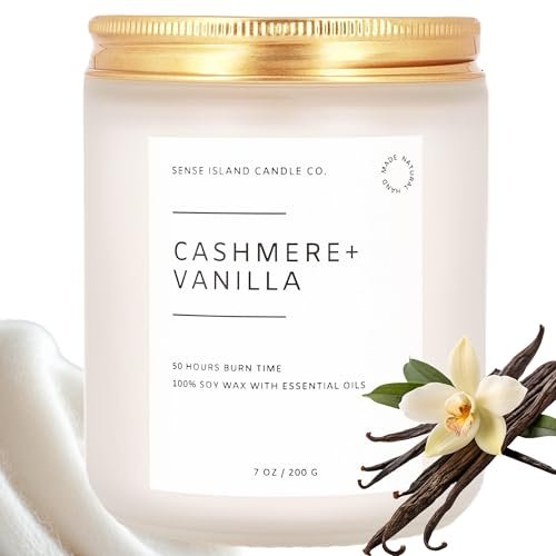 SENSE ISLAND Cashmere Vanilla Candle: 50+ Hours of Rich, Natural SENSE ISLAND Cashmere Vanilla Scented Candle for Home Scented 50+ Hrs Highly Scented Creamy Vanilla | 100% Natural Soy Candle Gifts for Women Highly Scented House Warming Gifts