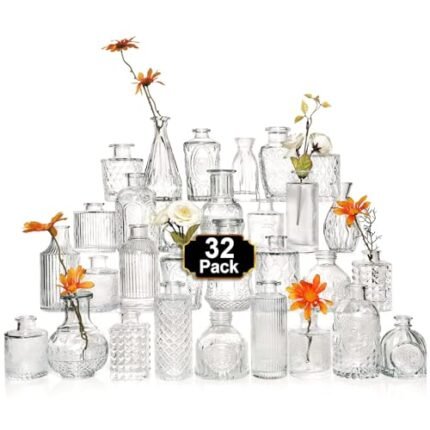 Arme Glass Bud Vase Set of 32 Pcs,Small Glass Vases for Flowers,Clear Bud Vases in Bulk,Vintage Vases for Centerpieces,Small Glass Bud Vase for Rustic Wedding Decorations,Home Table Flower Décor
