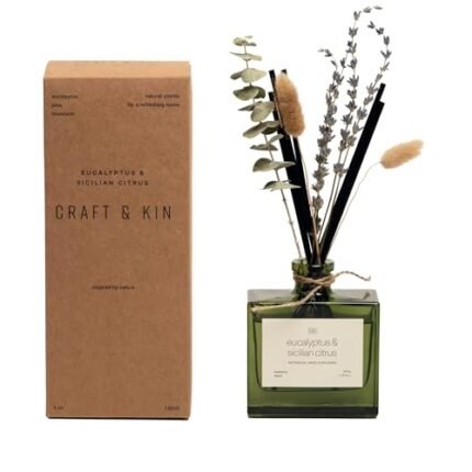 Craft & Kin Reed Diffuser with Dried Flowers | 5 oz Sicilian Citrus & Eucalyptus Scented Reed Diffusers for Home, Bathroom | Scent Sticks | Elegant Fragrance Home Decor for Men & Women