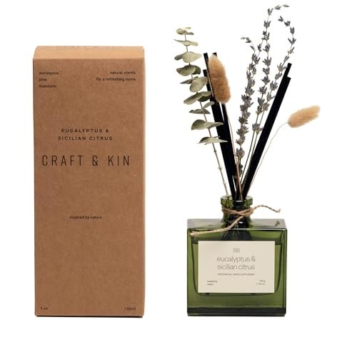 Craft & Kin Reed Diffuser with Dried Flowers | 5 Craft & Kin Reed Diffuser with Dried Flowers | 5 oz Sicilian Citrus & Eucalyptus Scented Reed Diffusers for Home, Bathroom | Scent Sticks | Elegant Fragrance Home Decor for Men & Women