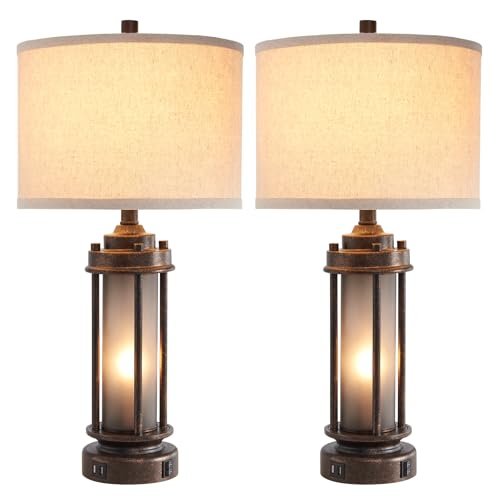 415v4sPkP3L._SL500_.jpg Set of 2 Rustic Farmhouse Lamps with USB Ports & Frosted Glass Night Light - Bronze Finish - Image 8