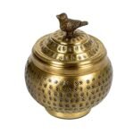 Creative Co-Op Round Hammered Metal Container with Bird Finial, Brass Finish