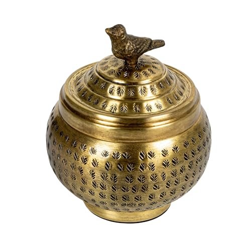 Brass-Finished Round Hammered Metal Container with Bird Finial - Creative Creative Co-Op Round Hammered Metal Container with Bird Finial, Brass Finish