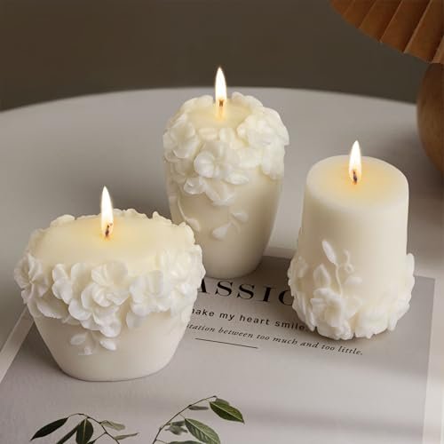AELS Set of 3 Handmade Creamy White Unscented Pillar Candles AELS Handmade Creamy White Pillar Candles Set of 3, Unscented Small Pillar Candles, Cute New Modern Home Decor Candles, Aesthetic Floral Candle, Housewarming Gifts, Elegant Ivy Vines Decor