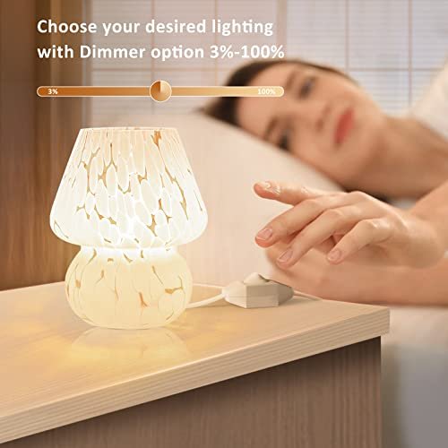 4188v83ViWL._SL500_.jpg ONEWISH Dimmable Mushroom Lamp - Small Bedside Nightstand Light, Translucent White Glass, Murano Style Home Decor. Perfect for Bedroom, Dorm, Kitchen! - Image 2