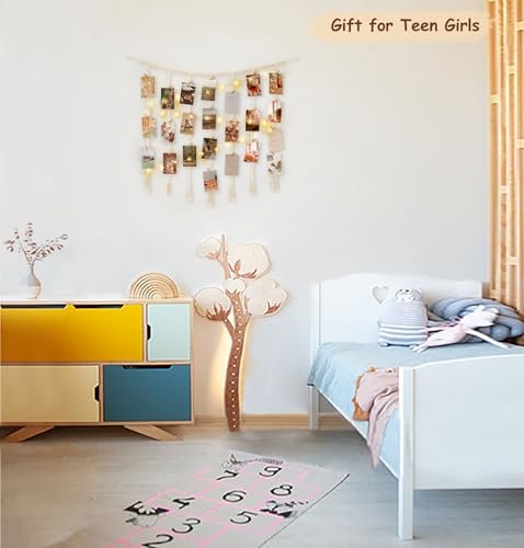 418G2AX161L._SL500_.jpg Mkono Macrame Photo Display with String Lights & Wooden Bead Garland, 45 Clips for Home Decor. Perfect Gift for Teen Girls! - Image 4