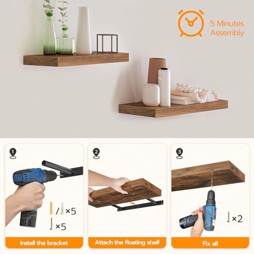 418J6wM15CL._SL500_.jpg HOOBRO Wall-Mounted Floating Shelves Set of 2, 15.7" Rustic Brown Shelves for Bathroom, Kitchen, Office, and More. - Image 7