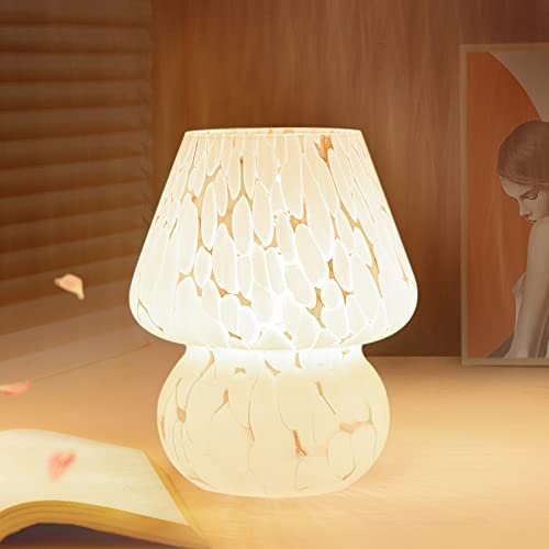 ONEWISH Dimmable Mushroom Lamp - Small Bedside Nightstand Light, Translucent ONEWISH Mushroom Lamp Small Bedside Table Lamp-Nightstand Nightlight Dimmable Stepless, Translucent Glass White Desk Lamp for Bedroom Dorm Living Kitchen, Murano Style Aesthetic Cute Home Decor