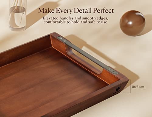 41C2O9yHlQL._SL500_.jpg Dofira Acacia Wood Serving Tray with Metal Handles, 17x13in for Food & Drinks - Rustic Decor for Coffee Table, Breakfast, Bar & More - Image 4
