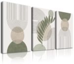 Sage Green Boho Wall Art Set of 3, Minimalist Framed Wall Art Geometric Line Leaf Sun Moon Beige Green Canvas Artwork Paintings, Abstract Botanical Boho Room Decor, Office, 12"x16"