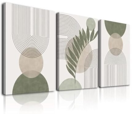 Sage Green Boho Wall Art Set of 3, Minimalist Framed Wall Art Geometric Line Leaf Sun Moon Beige Green Canvas Artwork Paintings, Abstract Botanical Boho Room Decor, Office, 12"x16"
